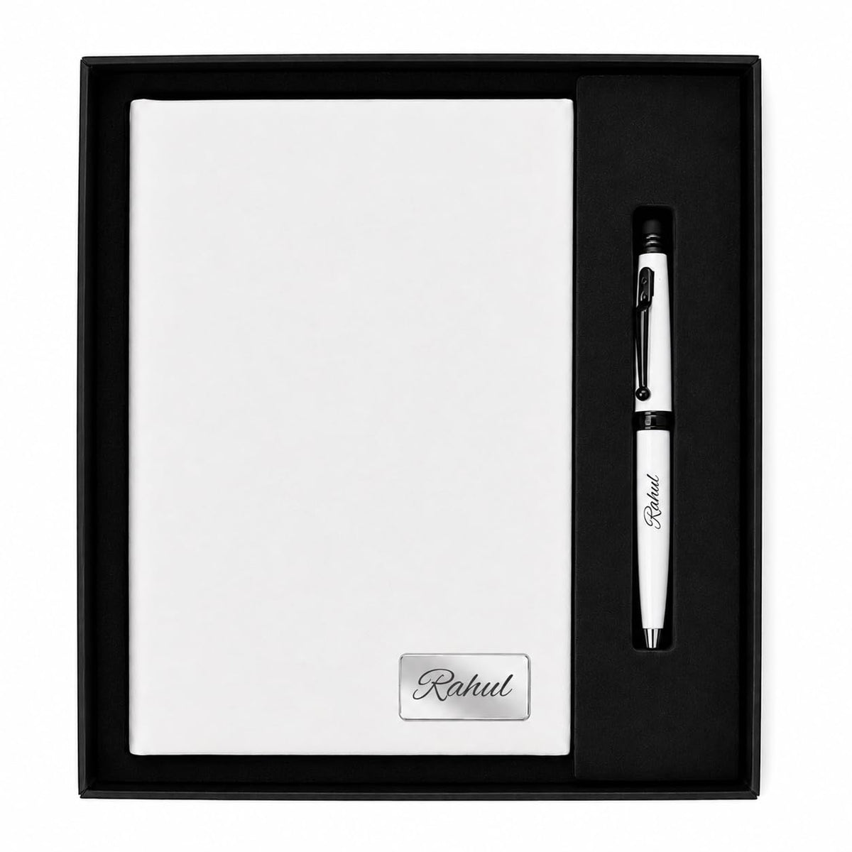 Personalized Name Leather HardCover Diary and Pen | Daily Journal Notebook for Men & Women |Gift Set for Men Women, Office Journal, Travel Diary | Corporate Gifts, Gift Ideas (Classic Black & Pure White) (Pure White)