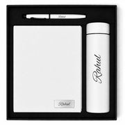 Personalized Diary Gift Set with Bottle & Pen Black | 3-in-1 | Custom name notebook, steel bottle and pen combo for employees, corporate gifting, office, men and women. (White)