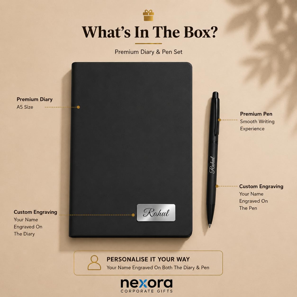 Personalized Name Leather HardCover Diary and Pen | Daily Journal Notebook for Men & Women |Gift Set for Men Women, Office Journal, Travel Diary | Corporate Gifts, Gift Ideas (Classic Black & Pure White) (Classic Black)