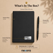 Personalized Name Leather HardCover Diary and Pen | Daily Journal Notebook for Men & Women |Gift Set for Men Women, Office Journal, Travel Diary | Corporate Gifts, Gift Ideas (Classic Black & Pure White) (Classic Black)