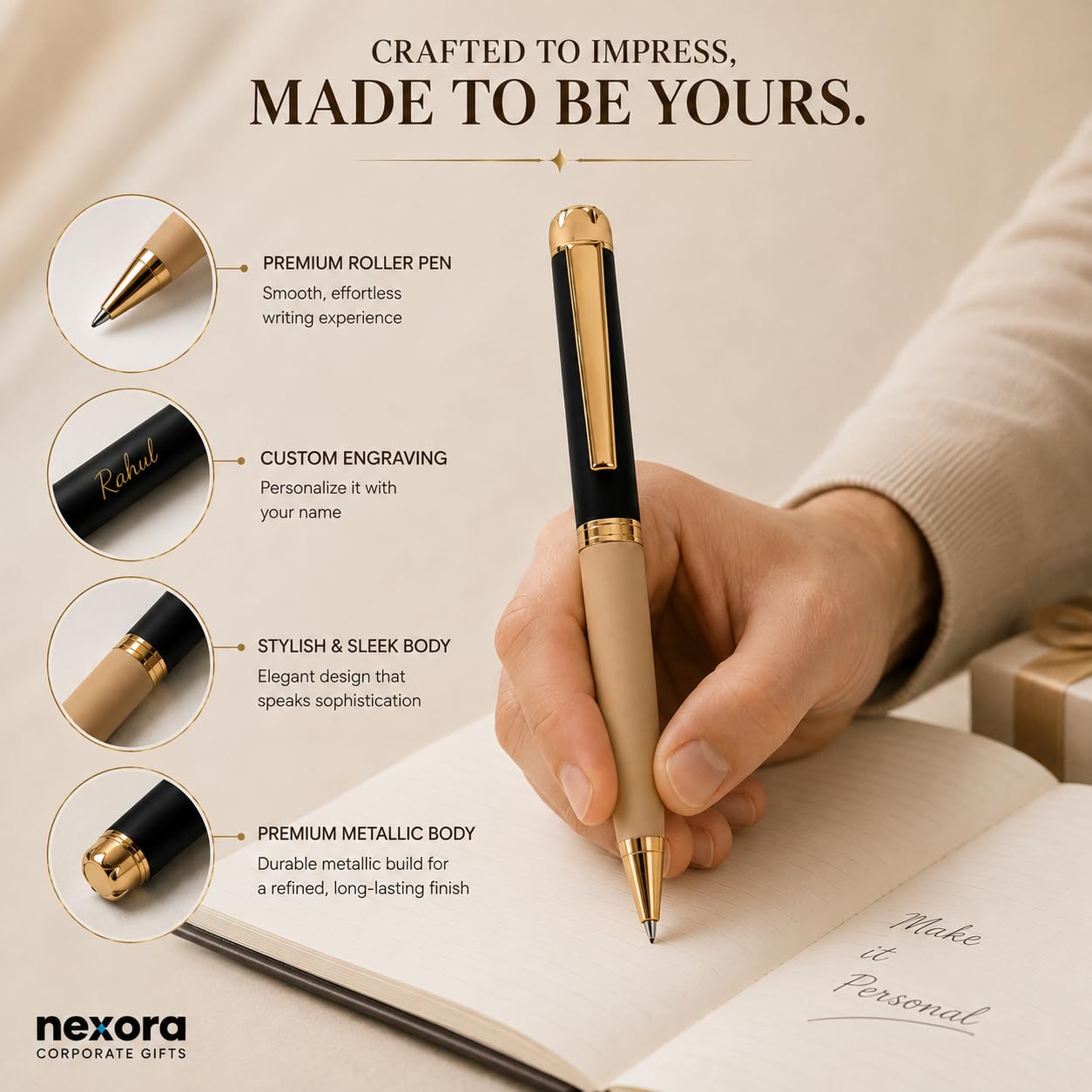 Personalized Roller Ball Pen for Men & Women, Premium Black & Gold Metal Pen with Custom Name Engraving, Elegant Gift Pen for Corporate Gifting, Birthday & Special Occasions
