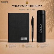 Personalized Diary Gift Set with Bottle & Pen Black | 3-in-1 | Custom name notebook, steel bottle and pen combo for employees, corporate gifting, office, men and women. (Black)