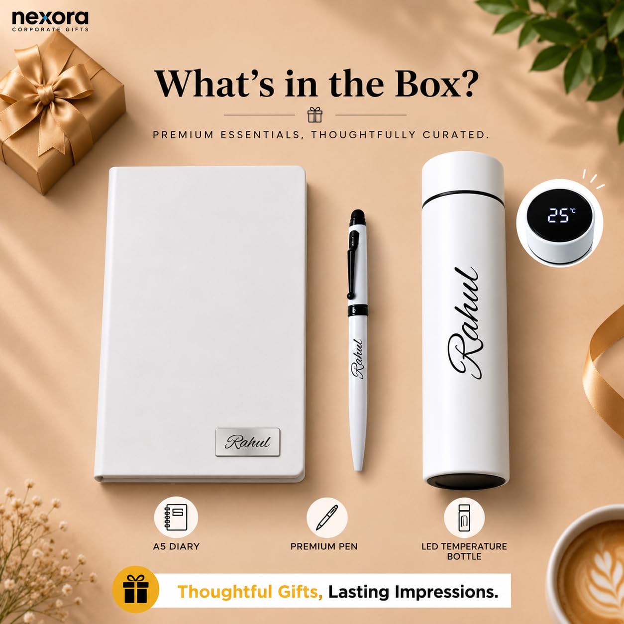 Personalized Diary Gift Set with Bottle & Pen Black | 3-in-1 | Custom name notebook, steel bottle and pen combo for employees, corporate gifting, office, men and women. (White)