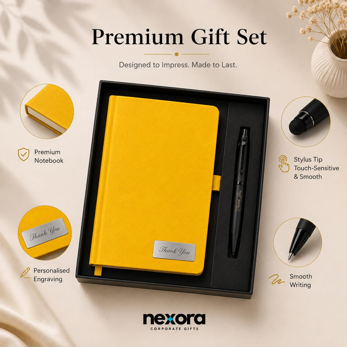 Personalized Mustard Yellow Diary and Stylus Pen Gift Set with Custom Engraved Name & Metal Nameplate – A5 Hardbound Journal with 2-in-1 Pen – Luxury Corporate Gifts for Teachers, Boss & Professionals