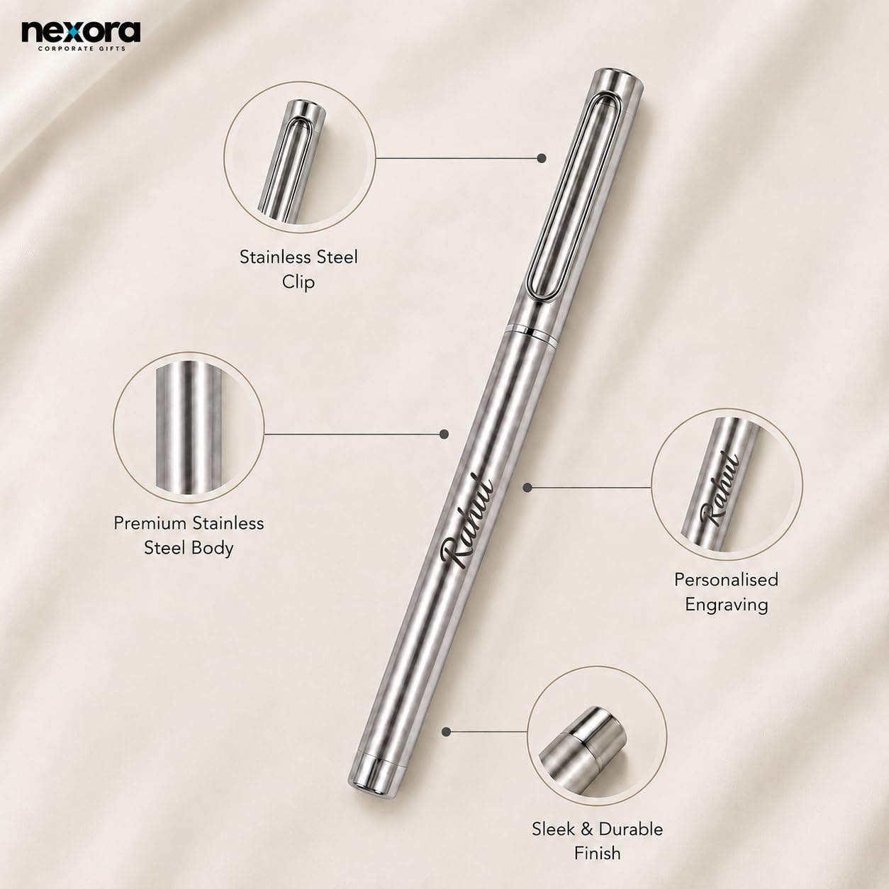 Minimalist Personalized Stainless Steel Pen with Custom Name Laser Engraving, Monochromatic Silver Finish & Slim Clip – Executive Metal Writing Pen, Thoughtful Gifts for Teachers, Boss & Professionals