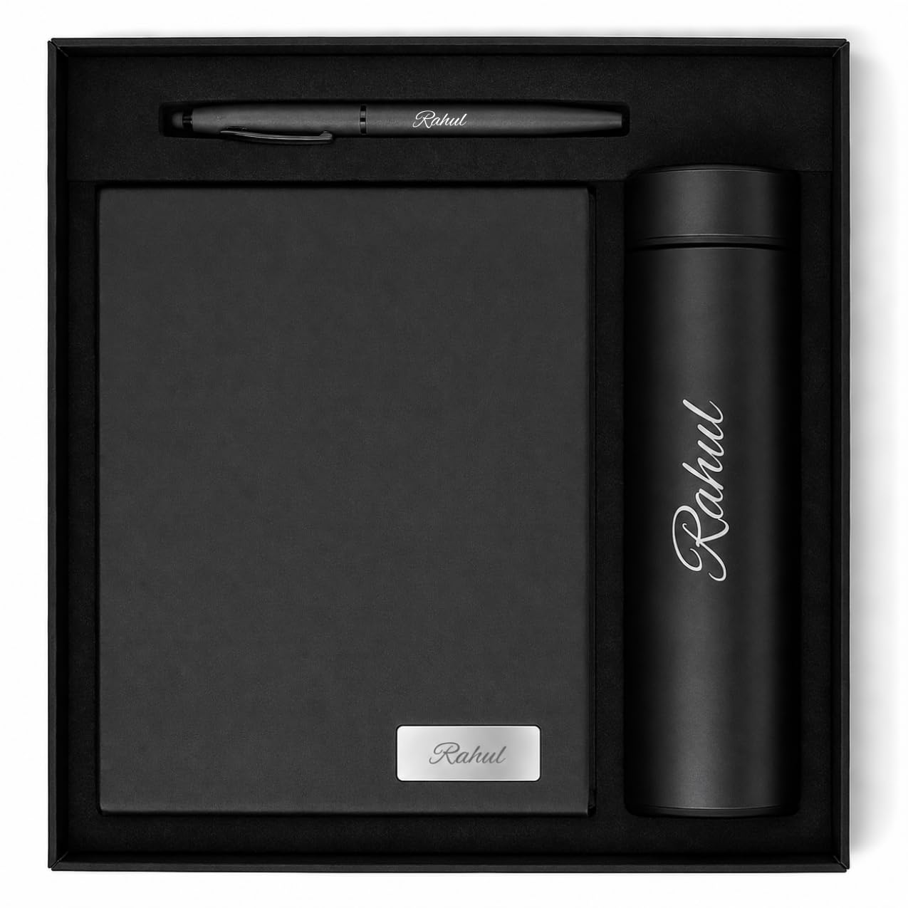 Personalized Diary Gift Set with Bottle & Pen Black | 3-in-1 | Custom name notebook, steel bottle and pen combo for employees, corporate gifting, office, men and women. (Black)