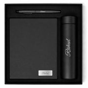 Personalized Diary Gift Set with Bottle & Pen Black | 3-in-1 | Custom name notebook, steel bottle and pen combo for employees, corporate gifting, office, men and women. (Black)