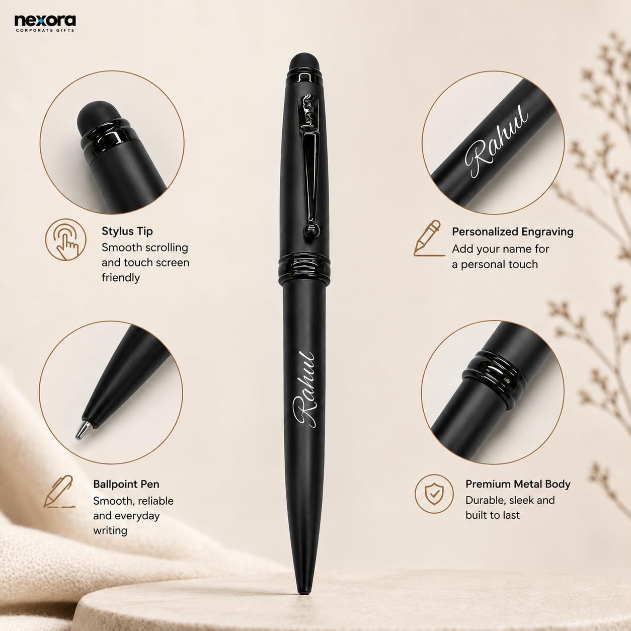 Personalized Metal Stylus Ballpoint Pen | Custom Name Engraved 2-in-1 Touchscreen Stylus Pen | Premium Smooth Writing Pen for Office, Corporate Gifting, Students & Professionals (Black)