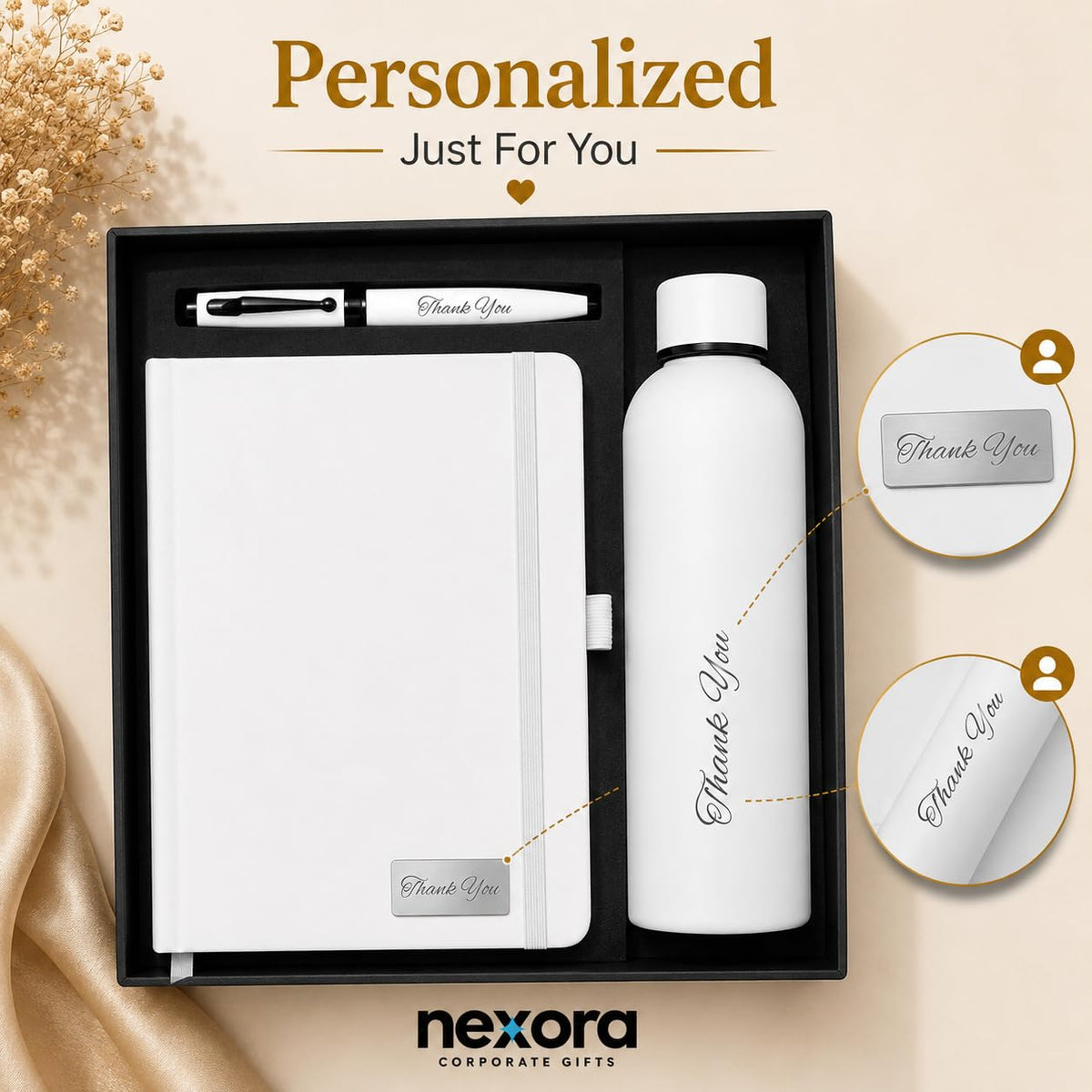 Personalized 3-in-1 Executive Gift Set with Custom Engraved Name –Stainless Steel Water Bottle, A5 Leatherette Diary & Metal Pen – Luxury Corporate Gifts for Teachers, Boss & Professionals , Joining kits or for Office gift sets