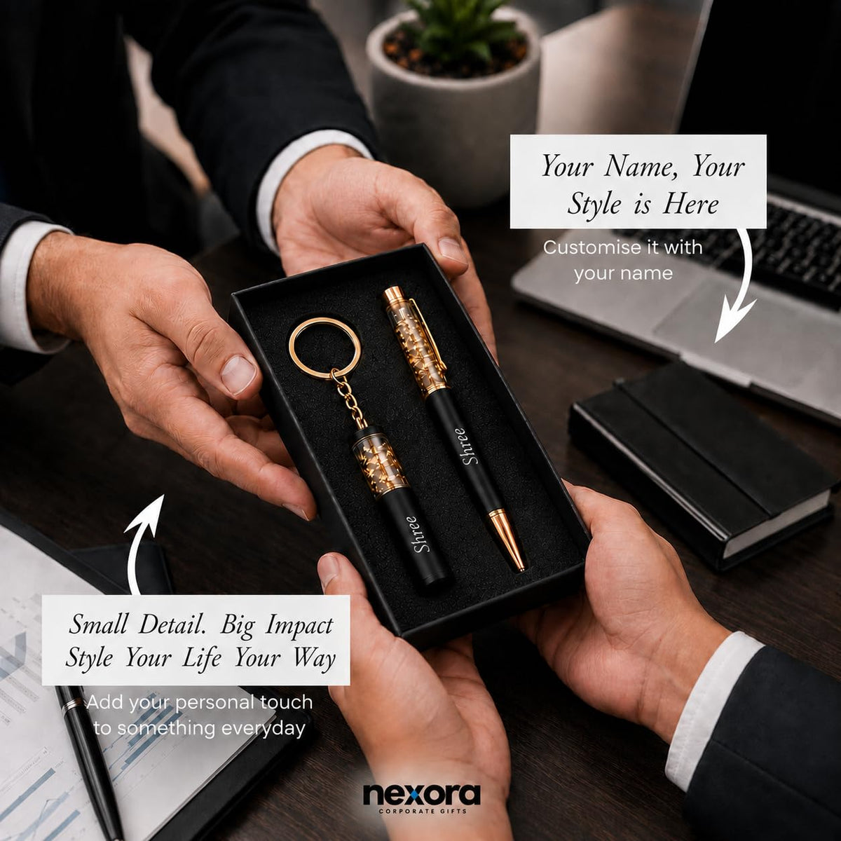 Personalized Custom Name Black & Gold Metal Ball Pen and Keychain | Gift Set for Men and Women, Corporate Gifting & Birthday Gift