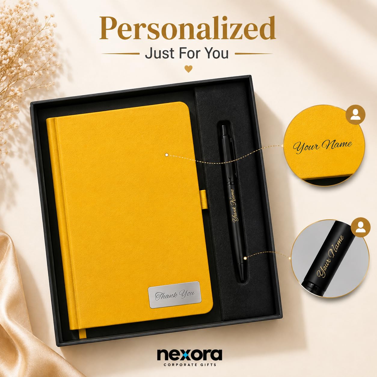 Personalized Mustard Yellow Diary and Stylus Pen Gift Set with Custom Engraved Name & Metal Nameplate – A5 Hardbound Journal with 2-in-1 Pen – Luxury Corporate Gifts for Teachers, Boss & Professionals