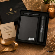 Personalized Diary Gift Set with Bottle & Pen Black | 3-in-1 | Custom name notebook, steel bottle and pen combo for employees, corporate gifting, office, men and women. (Black)