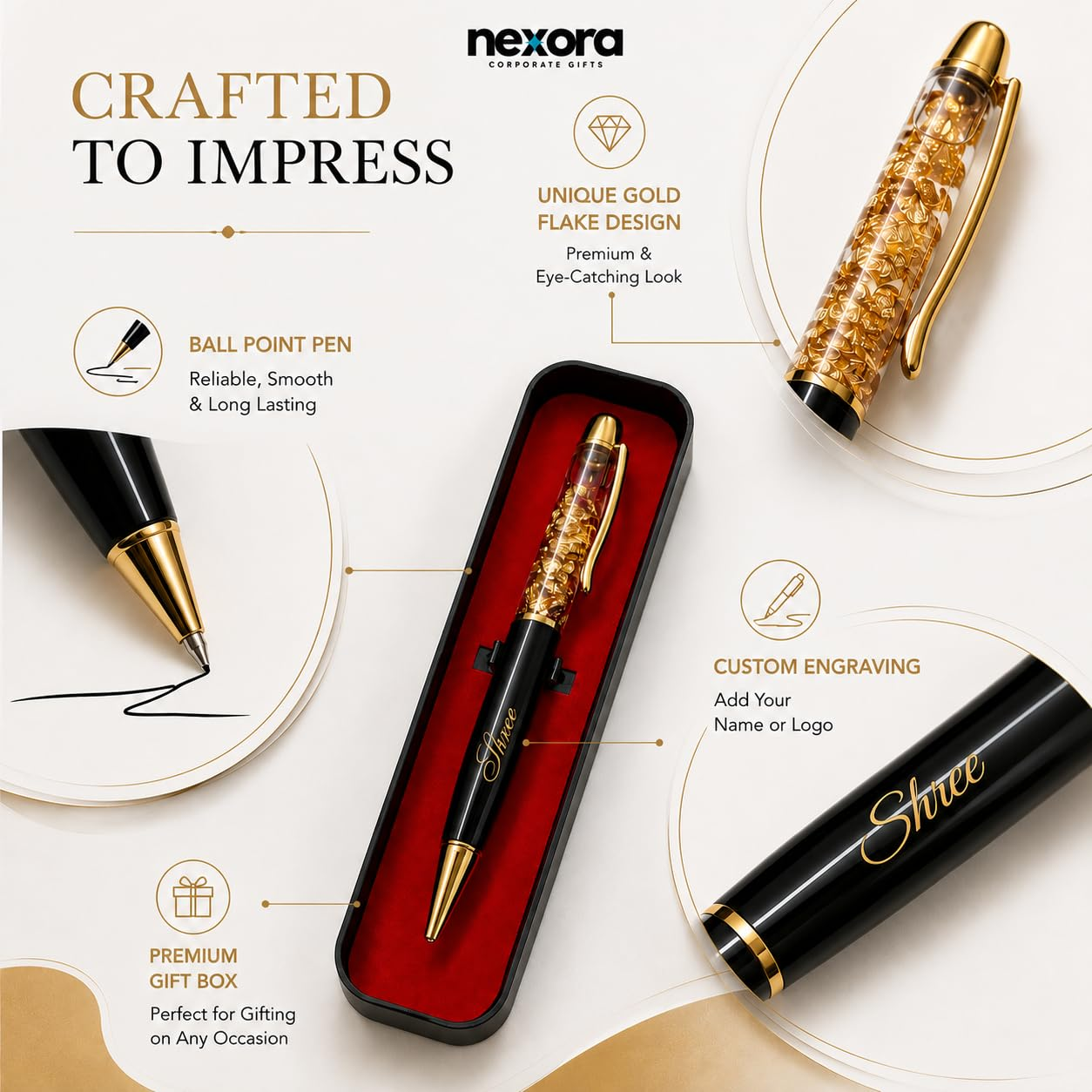 Personalized Gold Flake Ball Pen| Luxury Metal Ball Pen with Gold Flake Design, Custom Engraving, Smooth Writing, Premium Gift Box Included
