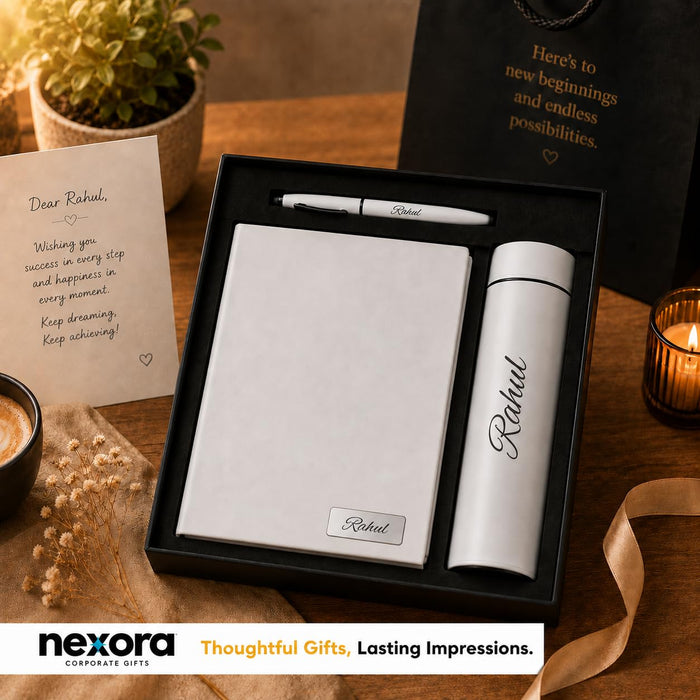Personalized Diary Gift Set with Bottle & Pen Black | 3-in-1 | Custom name notebook, steel bottle and pen combo for employees, corporate gifting, office, men and women. (White)
