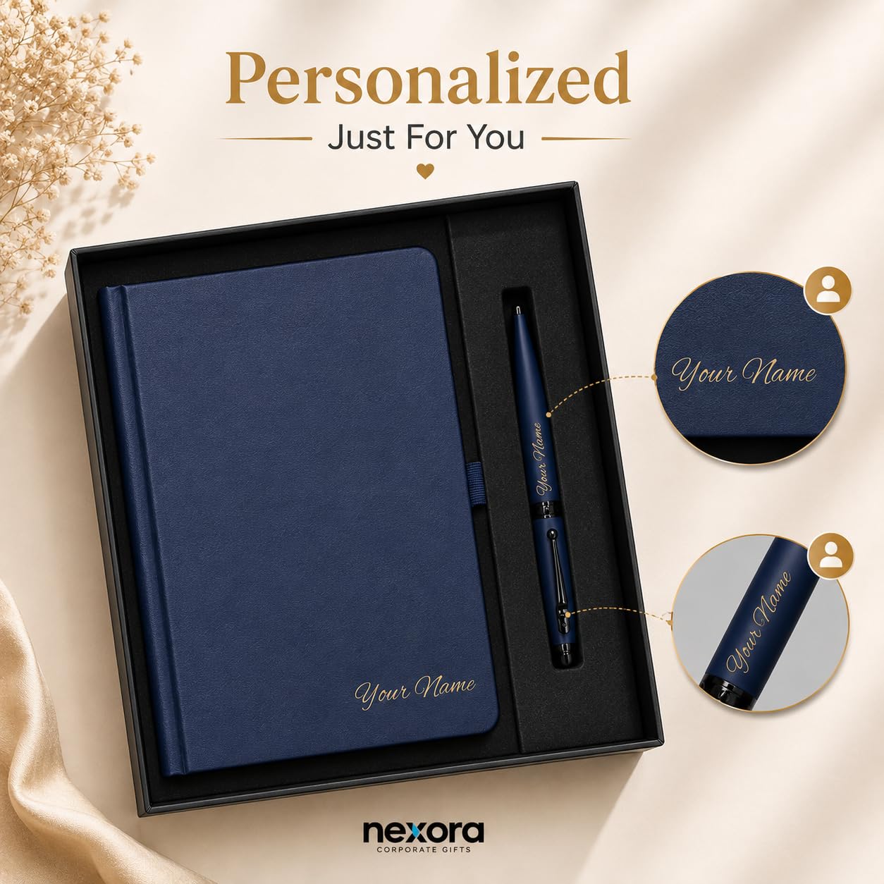 Customized Navy Blue Journal and Pen Combo Set in Presentation Box – Gold Inscription Personalized Name & Thank You Notebook – Thoughtful Gifts for Teachers, Farewell, Employee Appreciation & Milestone Gifting