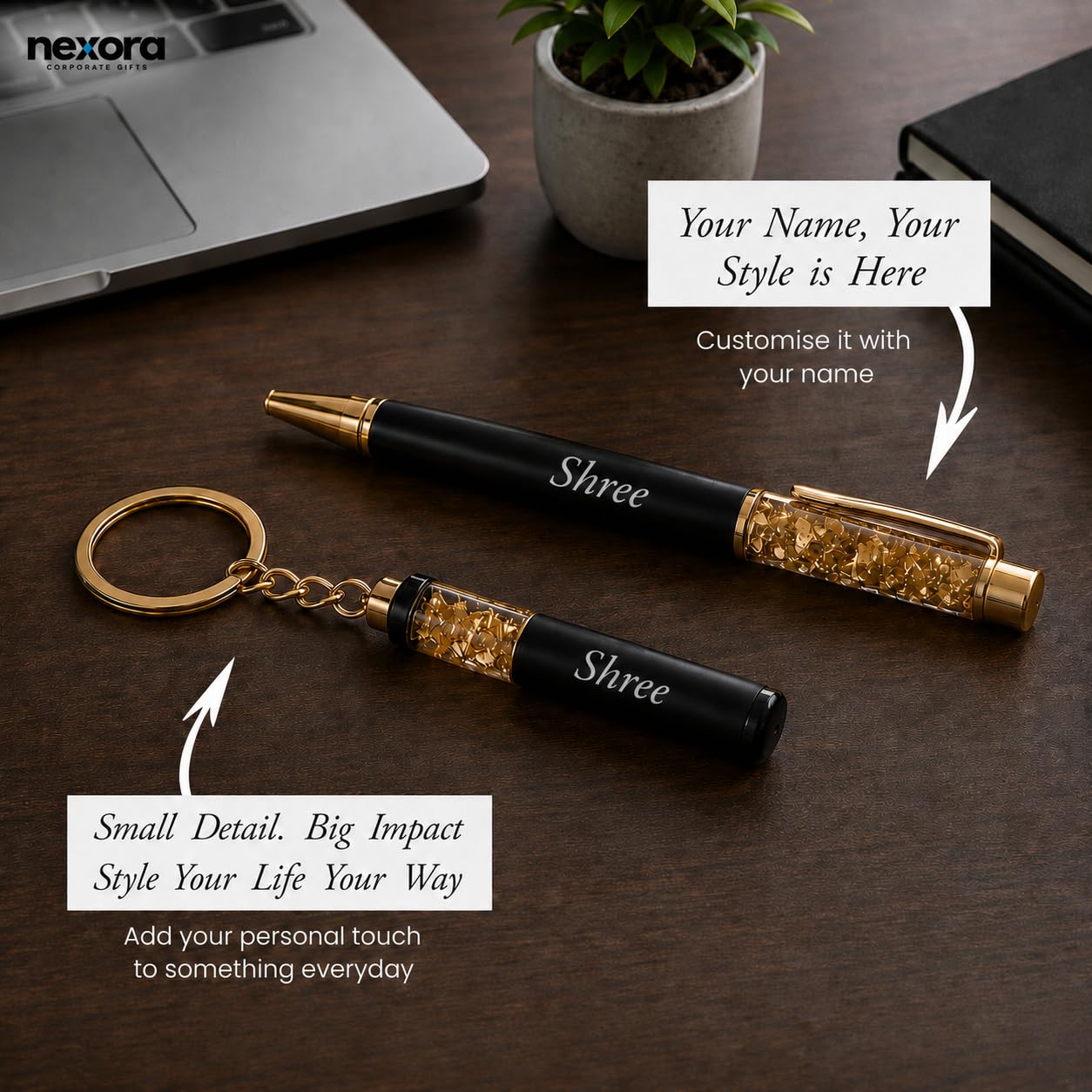 Personalized Custom Name Black & Gold Metal Ball Pen and Keychain | Gift Set for Men and Women, Corporate Gifting & Birthday Gift