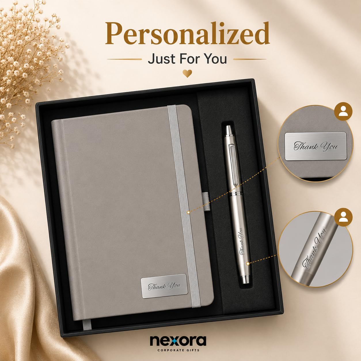 Personalized Diary and Pen Gift Set with Custom Engraved Name & Metal Nameplate – Grey A5 Hardbound Notebook with 2-in-1 Stylus Ballpoint Pen – Executive Corporate Gifts for Teachers, Boss & Professionals