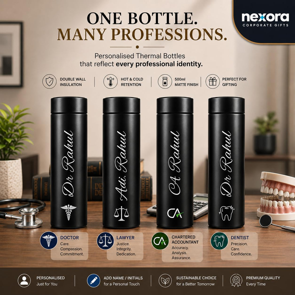 Personalized LED Temperature Display Water Bottle (CA) Custom Name Engraved | Smart Touch Lid | Stainless Steel Bottle | 500ml | Matte Black | Gift for Doctor/Dentist/Lawyer/CA