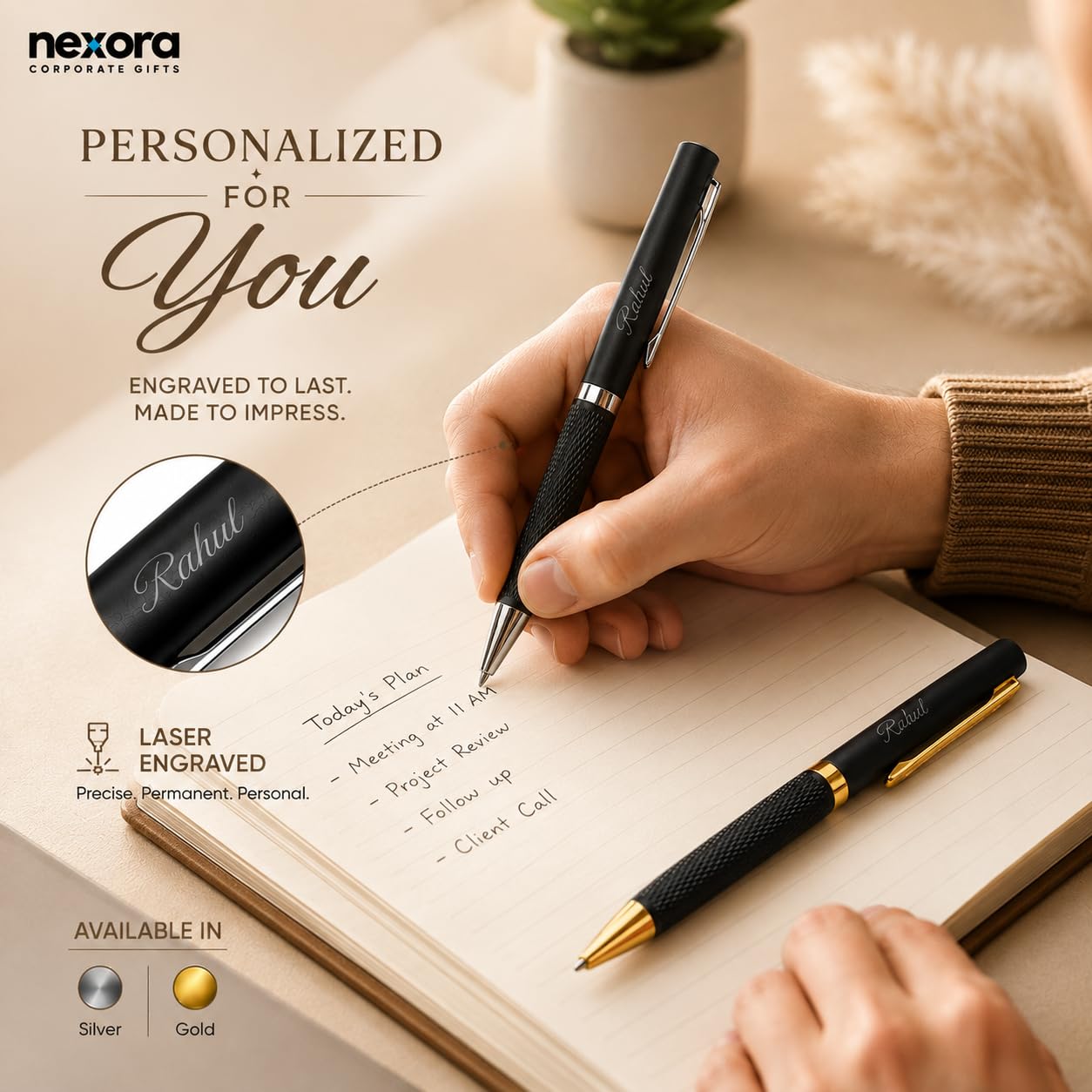 Personalized Metal Ball Pen with Name Engraving | Premium Executive Pen for Men & Women | Smooth Writing Pen | Corporate & Personal Gifting (Silver Tri)
