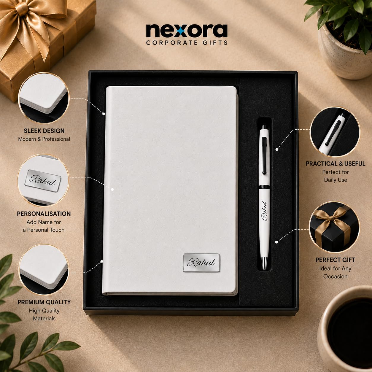 Personalized Name Leather HardCover Diary and Pen | Daily Journal Notebook for Men & Women |Gift Set for Men Women, Office Journal, Travel Diary | Corporate Gifts, Gift Ideas (Classic Black & Pure White) (Pure White)