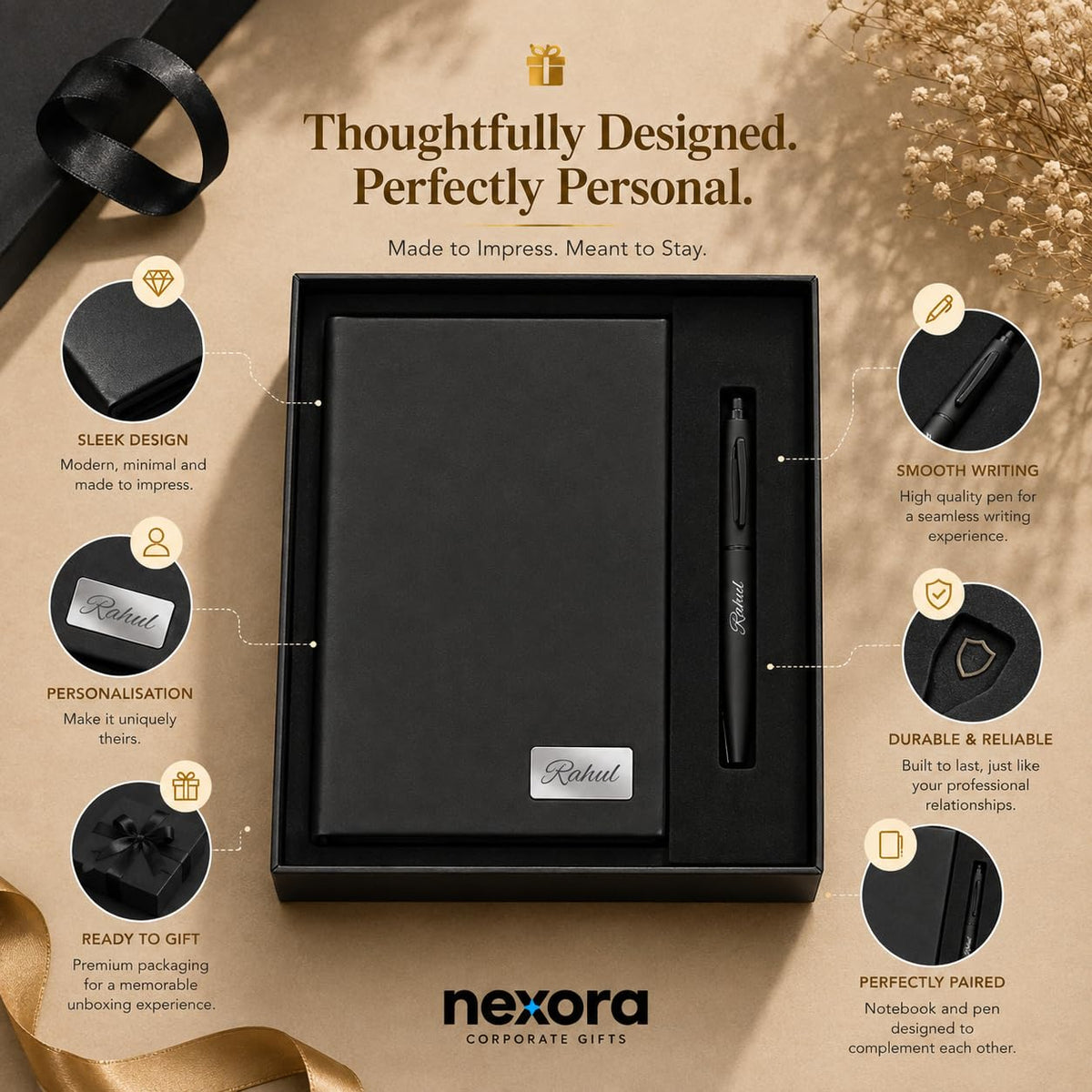 Personalized Name Leather HardCover Diary and Pen | Daily Journal Notebook for Men & Women |Gift Set for Men Women, Office Journal, Travel Diary | Corporate Gifts, Gift Ideas (Classic Black & Pure White) (Classic Black)