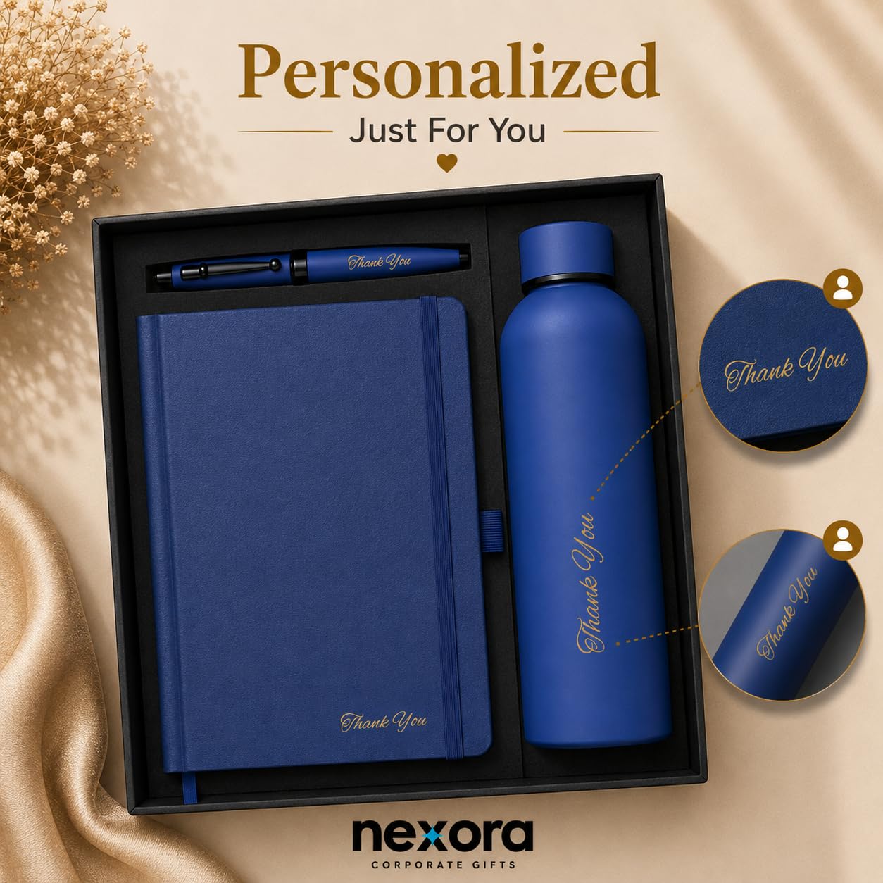 Personalized 3-in-1 Executive Gift Set with Custom Engraved Name – Stainless Steel Water Bottle, A5 Leatherette Diary & Metal Pen – Luxury Corporate Gifts for Teachers, Boss & Professionals , Joining kits or for Office gift sets