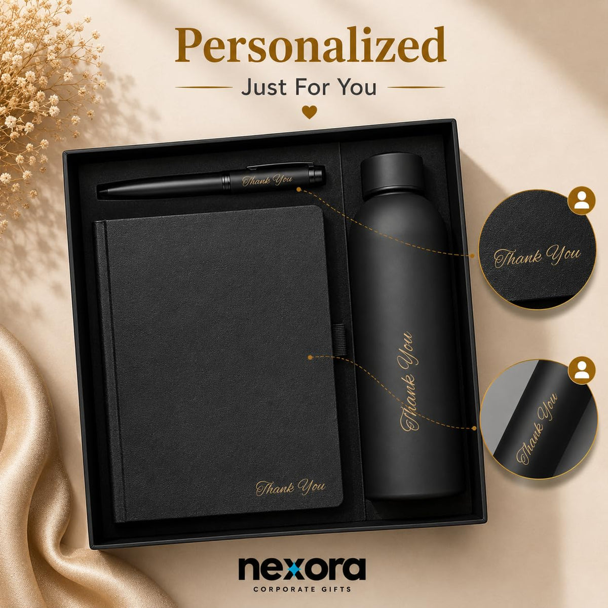 Personalized 3-in-1 Executive Gift Set with Custom Engraved Name –Stainless Steel Water Bottle, A5 Leatherette Diary & Metal Pen – Luxury Corporate Gifts for Teachers, Boss & Professionals , Joining kits or for Office gift sets