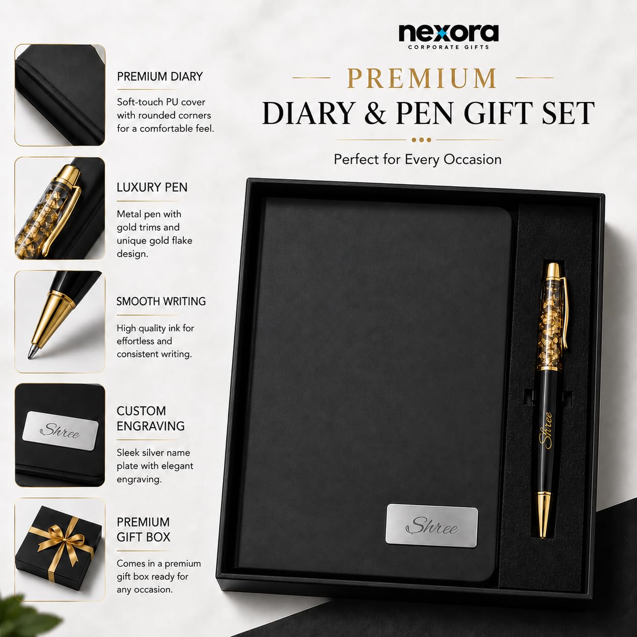 Personalized Name & Leather Diary and Pen Gift Set (Black) Customized Corporate Gifts for Staff Employees Men&Women|Diary for Men Boys Women Girls|Gifts For Mens Women
