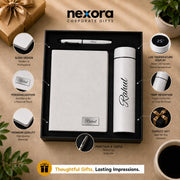 Personalized Diary Gift Set with Bottle & Pen Black | 3-in-1 | Custom name notebook, steel bottle and pen combo for employees, corporate gifting, office, men and women. (White)