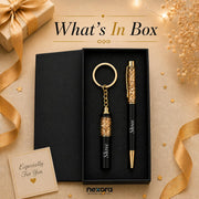 Personalized Custom Name Black & Gold Metal Ball Pen and Keychain | Gift Set for Men and Women, Corporate Gifting & Birthday Gift